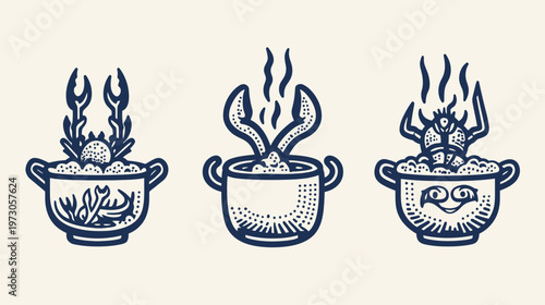 Line art illustration depicting three pots, each with a creature inside, like a crab or monster