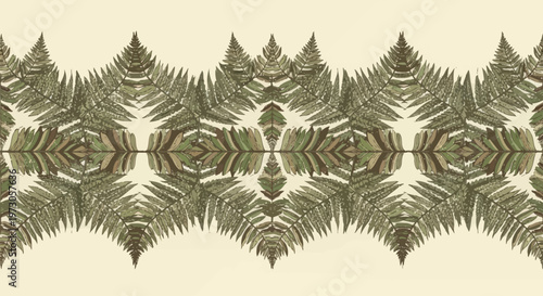 A repeating pattern of muted green fern fronds arranged symmetrically across a pale background