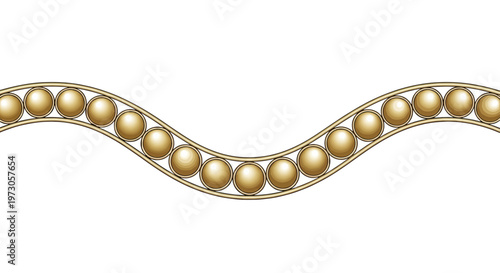 Wavy strand of golden, round beads on a thin, curved, metallic holder
