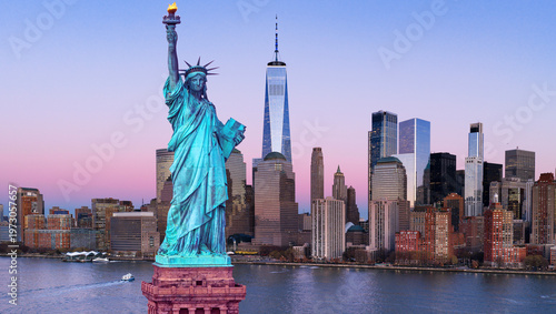 New York City skyline with Liberty Statue. NYC skyscrapers with Statue of Liberty. New York skyscrapers near Liberty Statue. Manhattan skyline above Statue Liberty. Vote in America. Elections in USA.