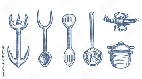 Line drawings of kitchen utensils and shrimp, in a blue hue, against a white background