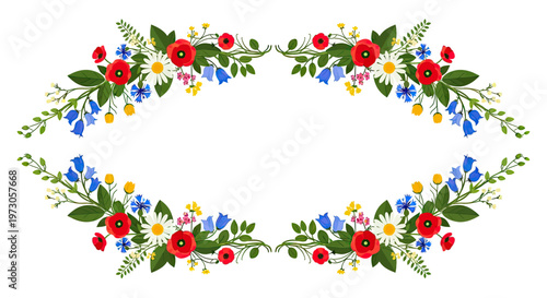 Delicate floral arrangements with red poppies, white daisies, blue cornflowers, bluebells, and yellow flowers