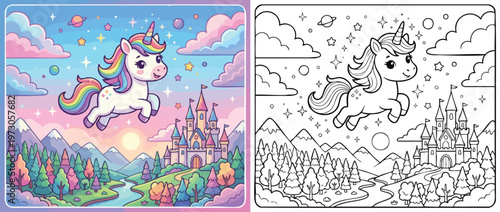 Adorable Flying Unicorn with Rainbow Mane and Tail.