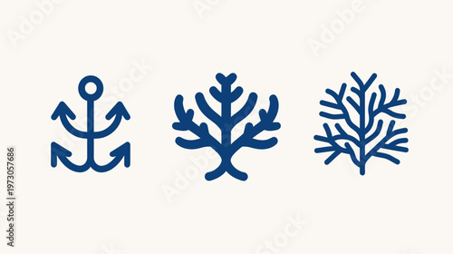 Three minimalist nautical and botanical icons in a navy blue, set on a cream-colored background
