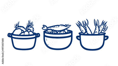 Simplified illustrations of seafood presentations in bowls, focusing on shrimp and fish