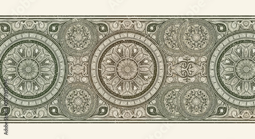 Ornate circular medallions and geometric patterns create a vintage, textured border