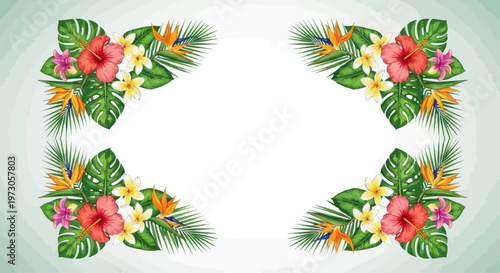 Vibrant tropical floral corner arrangements on a pale green gradient background