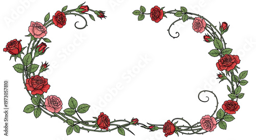 Delicate vine with blooming red and pink roses and buds forms an oval frame