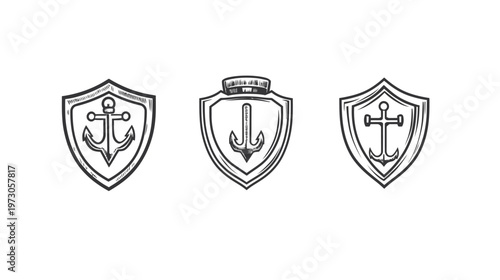 Three hand-drawn shields with anchor symbols in the center, rendered in black and white