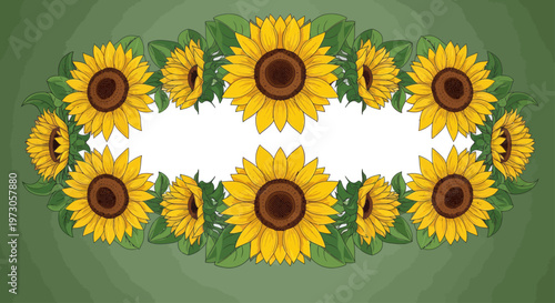 A floral border of blooming sunflowers and green leaves on a textured green background