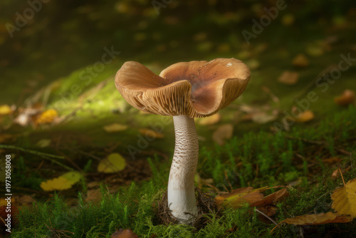 Brown Mushroom Growing in Mossy Forest Floor with Autumn Leaves - Macro Photography Transparent Background