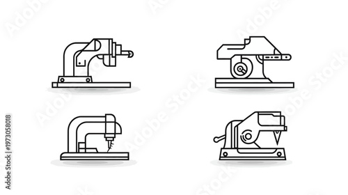 Outlined illustrations of four different machines for industrial purposes, simple designs on white