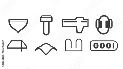 Collection of eight minimalistic icons, each a bold outline shape depicting diverse subjects