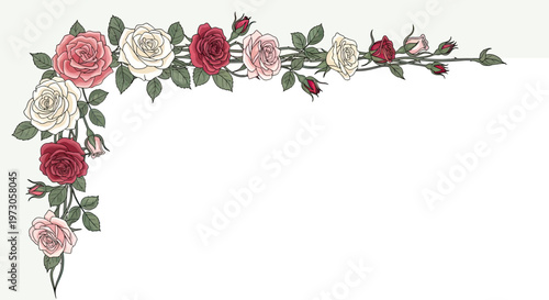 A decorative border of pink, red, and cream roses with green leaves