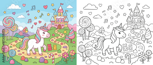 Adorable Unicorn Character Standing in a Magical Candy Land.