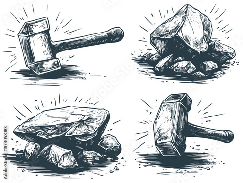 Four illustrations with tools and stone, showing impact & construction. Grayscale, hand-drawn style