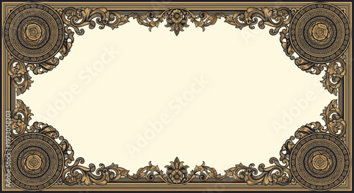 Ornate antique decorative border with floral motifs and circular corner elements