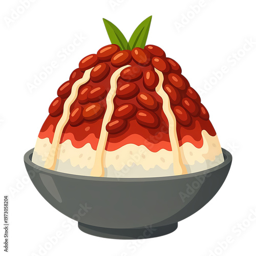 Red Bean Shaved Ice with Condense Milk and Mint Leaves Garnish isolated transparent background