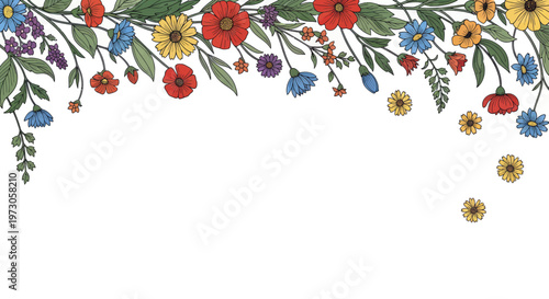A vibrant border of colorful wildflowers and green leaves across the top