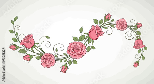 Elegant pink roses and green leaves form a graceful curved garland on a pale background