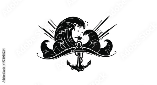 Nautical emblem with crashing waves and anchor, symbolizing adventure and maritime power