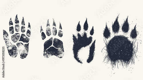 Artistic depiction of four stylized bear paw prints with distressed textures on an off-white background