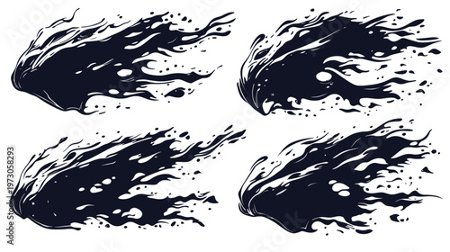 Four dark ink blots with stylized organic forms, creating dynamic flow patterns against a white background
