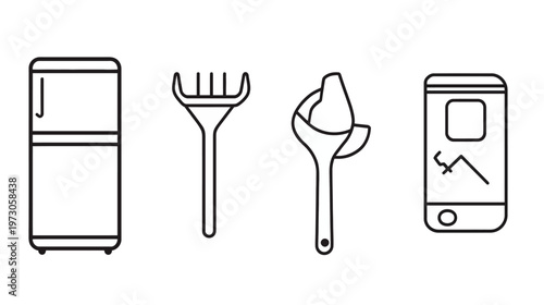 A white background with four simple, black line drawings of objects