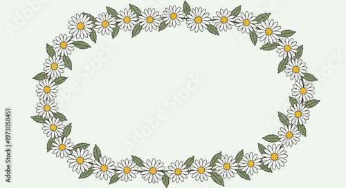 Oval frame of white daisies and green leaves on a light green background