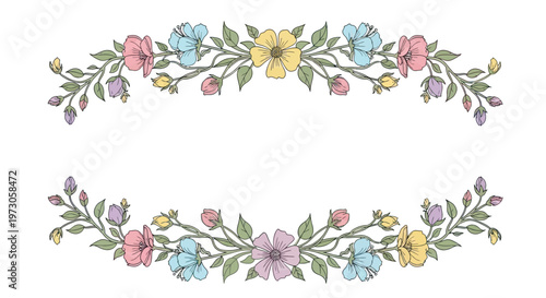 Delicate floral border with pastel-colored flowers and green leaves (1)