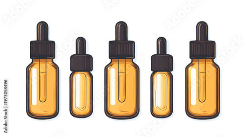 Illustration of a set of amber-colored dropper bottles with black caps and droppers