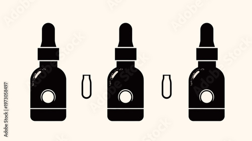 A minimalist illustration of three dropper bottles with separate cap and circle detail