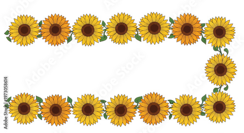 A border of yellow and orange sunflowers with green leaves on a white background