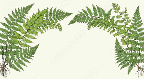 Delicate green ferns with roots arch over a pale background