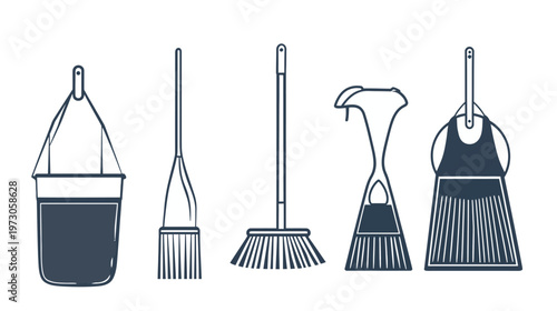 Silhouetted outline of various cleaning tools a dustpan with handle, brooms and a scoop