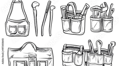 Black and white illustration of various tool belts and hand tools. Perfect for DIY and repair concepts