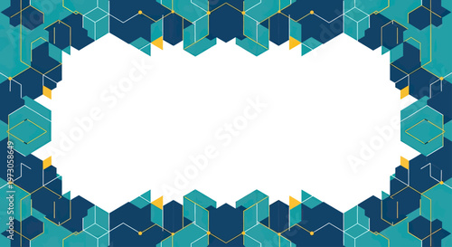 Geometric frame with teal, navy blue, and yellow hexagonal and cubic patterns