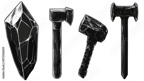 A grayscale illustration of tools, including a crystalline structure and various hammers