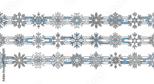 Three rows of snowflake and chain designs in blue and white tones