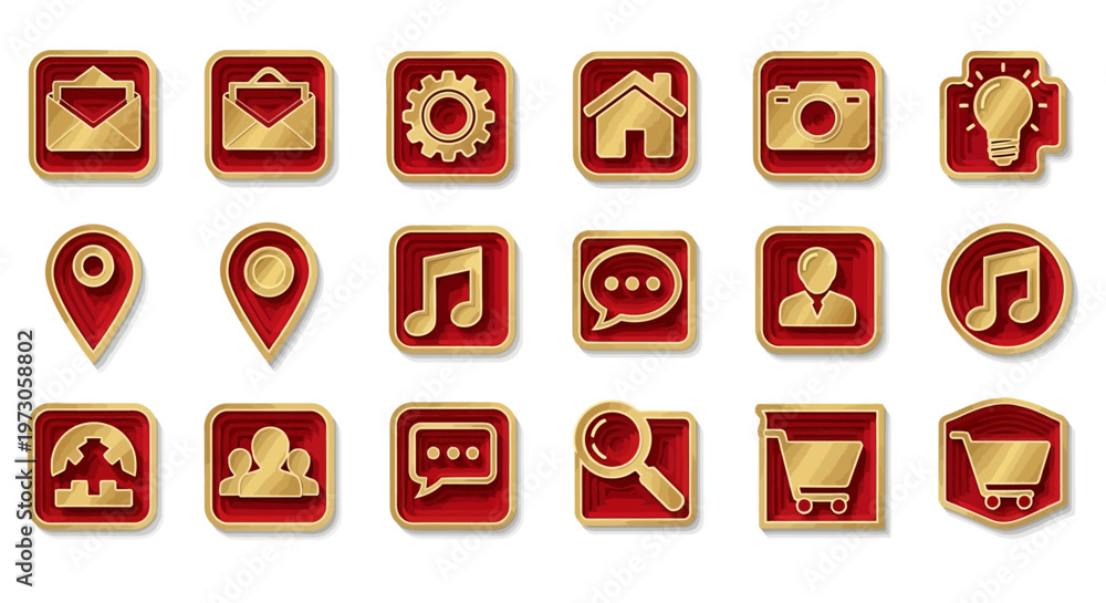 Fototapeta premium Golden Red 3D App Icons Set for User Interface Design