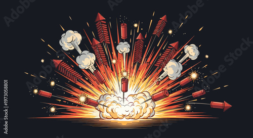 Exploding fireworks illustration with a burst of light and smoke for celebration.