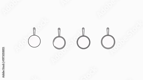A white background with four simple illustrations of frying pans, each with a handle