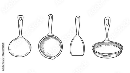 A monochrome illustration of four kitchen utensils, including a ladle, pan, spatula, and skillet