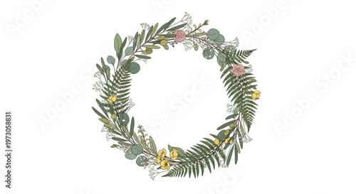 Delicate botanical wreath with ferns, eucalyptus, and small blooms