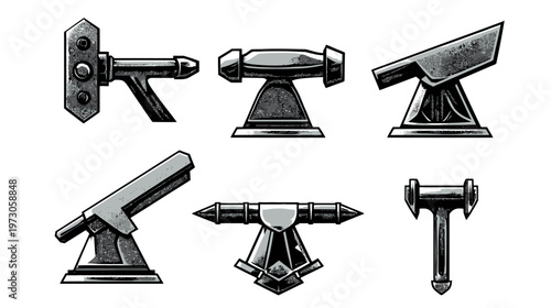 Set of six vintage, grayscale illustrations of medieval tools and metal objects