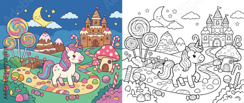 Adorable Unicorn in a Magical Candy Land with Castle and Sweets.