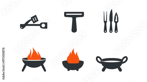 Stylized icons of grilling equipment, including spatulas, knives, and braziers with flames