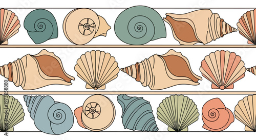 Repeating pattern of various stylized seashells in pastel colors on white