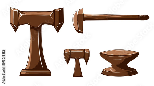 Digitally created illustration of a blacksmithing scene. Includes hammers, anvil, and metal objects