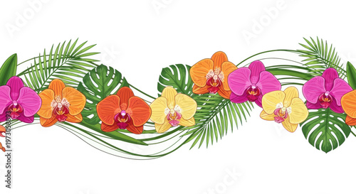 A tropical floral border with vibrant orchids and lush green foliage